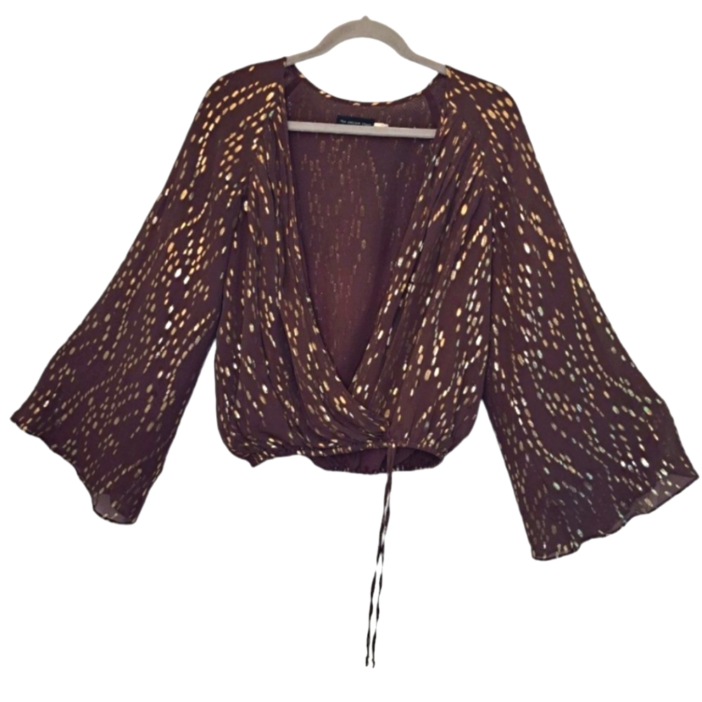 The Addison Story Anthropologie Bell Sleeved Gold Thread Wrap Blouse Size Small